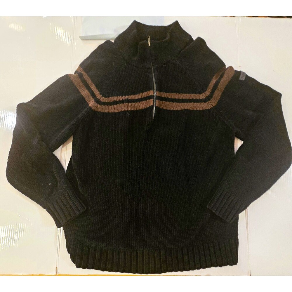 Private Member #128 Men XL Black Brown Striped Knit Mock Neck 1/4 Zip Sweater